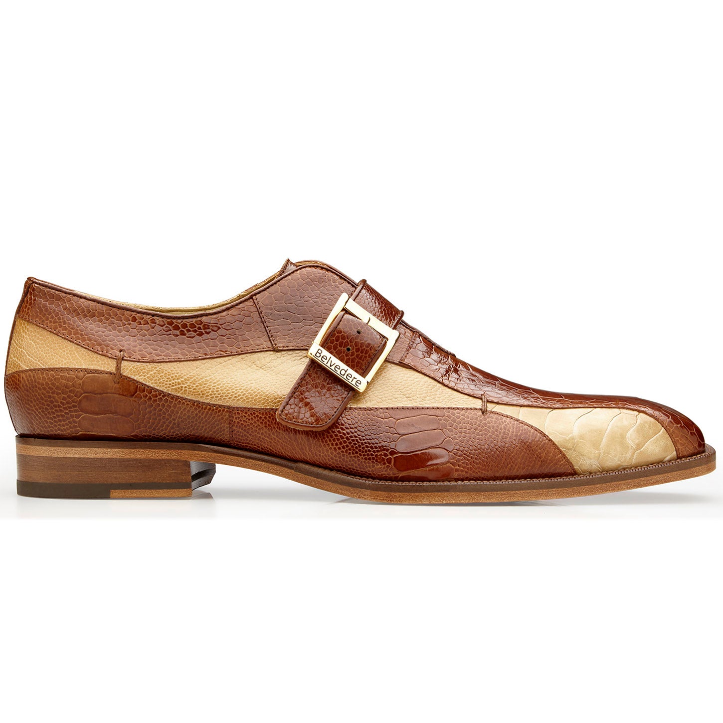 Belvedere Men's Genuine Ostrich Leg Camel/Bone Monk Strap Shoes Marte 11